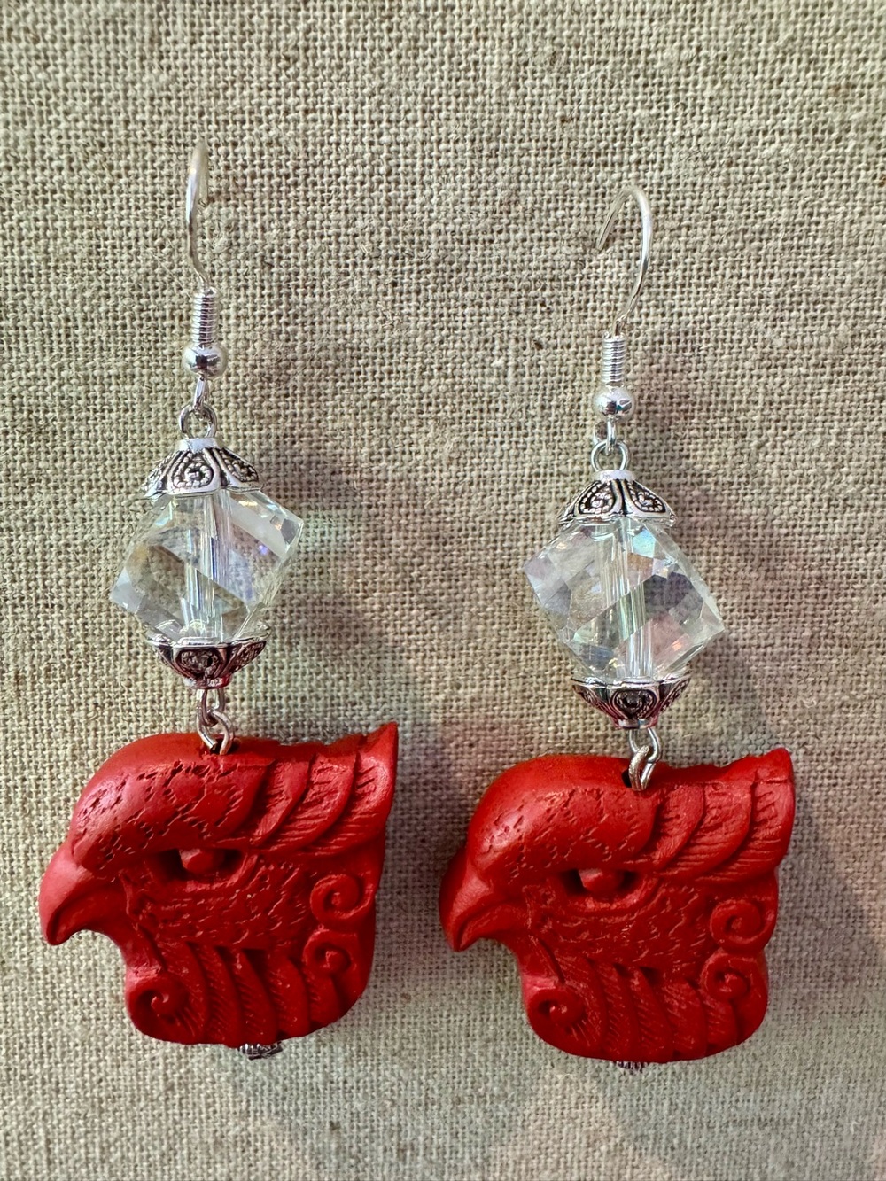 Artisan Red Eagle Carved Cinnabar Statement Earrings 🧁 - Picture 2 of 5
